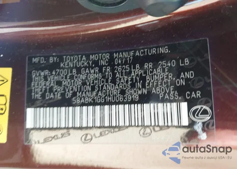 2017 Lexus Es 350 из США, поврежденный, VIN 58ABK1GG1HU063919